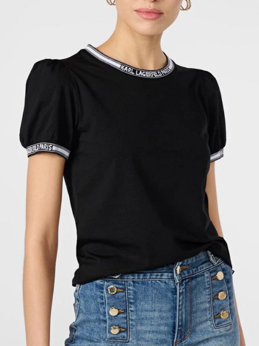 Karl Lagerfeld Paris Puff Sleeve Ribbed Trim Logo T-Shirt Black Short Sleeve